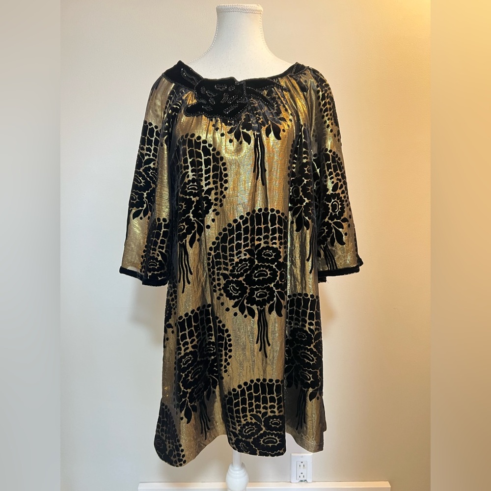 BCBG Max Azria Runway Gold Silk Velvet Burnout Dress XS Rare Luxury